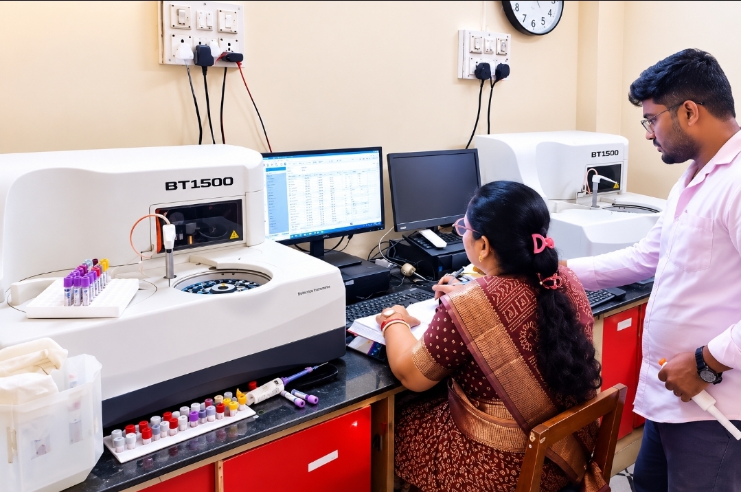 Laboratory staff operating diagnostic analyzer at Clinic Shakti